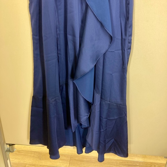 Nicole Miller Navy Blue Satin Wrap Dress High Low Cap Sleeve Size Small - Picture 4 of 8